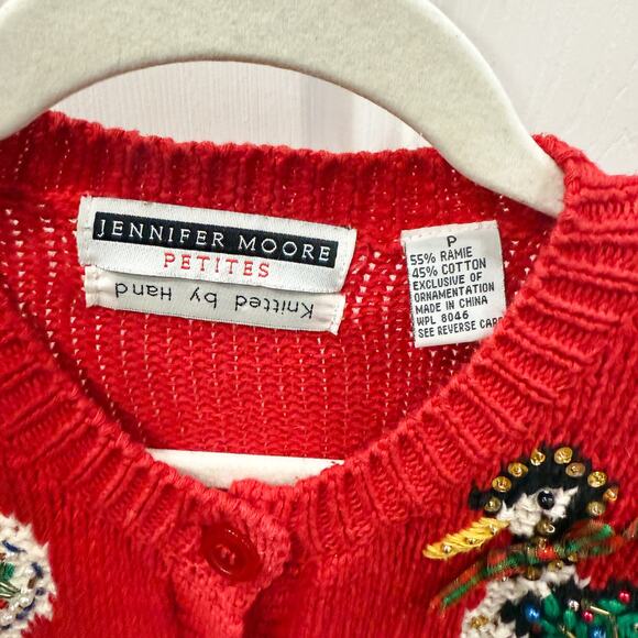 Jennifer Moore Vintage Christmas Beaded Cardigan Sweater Red Women’s Petite - Picture 3 of 5